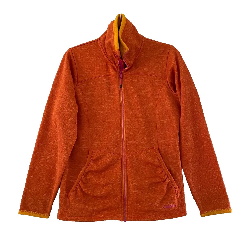 Cabelas Fleece Jacket‎ Womens  Size L Orange Full Zip Mock Neck Pockets Hiking